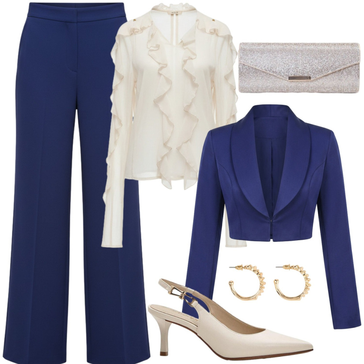 Outfit donna - Total look #2477799. Stile Chic per Cerimonia. Abbinamento con décolleté, orecchini, bluse, pantaloni a palazzo, bolero, clutch.