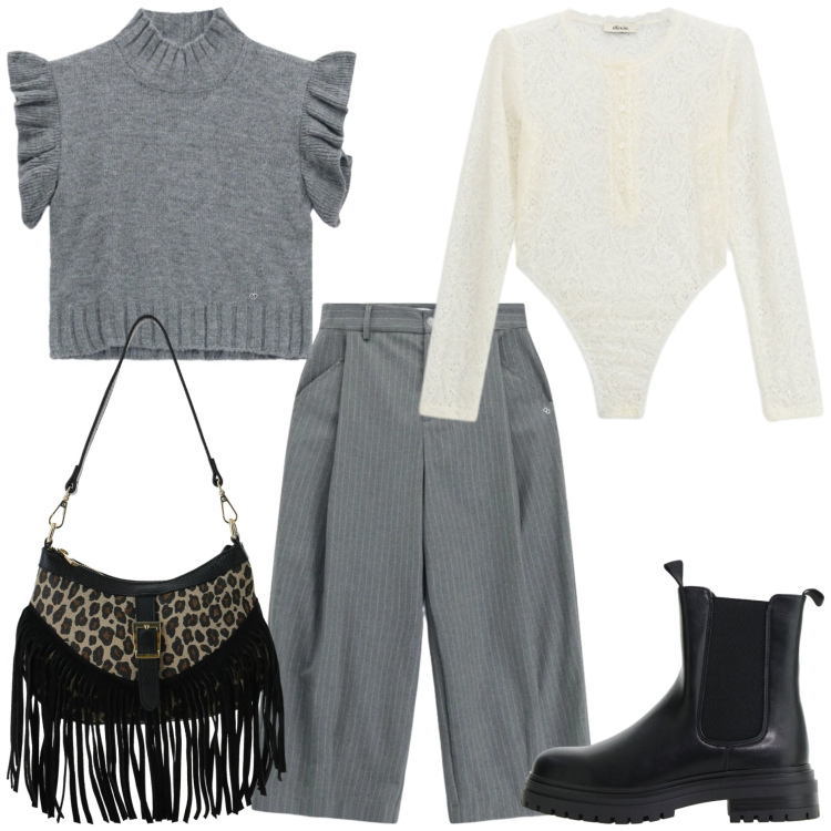 Outfit donna - Please - FW26 trendy. Stile Trendy per Tutti i giorni. Abbinamento con stivaletti chelsea, borse a spalla, body, pantaloni a palazzo, maglieria.