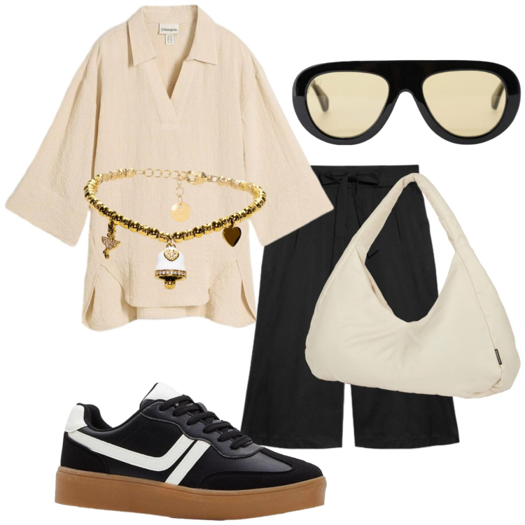 Outfit donna - Sneakersmania. Stile Trendy per Tutti i giorni. Abbinamento con sneakers, bluse, occhiali da sole, braccialetti, pantaloni culotte, borse a spalla.
