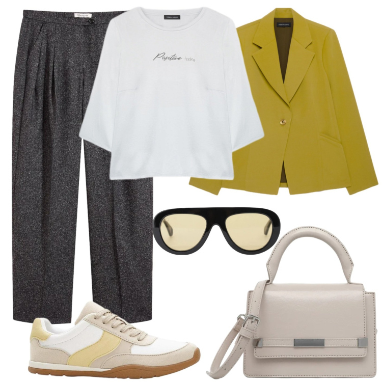 Outfit donna - Sneakers mania. Stile Casual chic per Tutti i giorni. Abbinamento con pantaloni, sneakers, borse a tracolla, occhiali da sole, blazer, bluse.