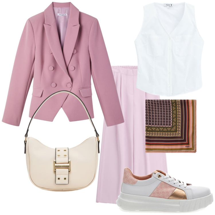 Outfit donna - Total look #2477809. Stile Chic per Ufficio. Abbinamento con blazer, pantaloni a palazzo, foulard, camicie, sneakers, borse a tracolla.