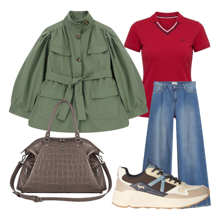 Outfit donna - Un tocco di eleganza. Stile Sporty chic per Tutti i giorni. Abbinamento con sneakers, polo, jeans dritti, trench, shopping bag.