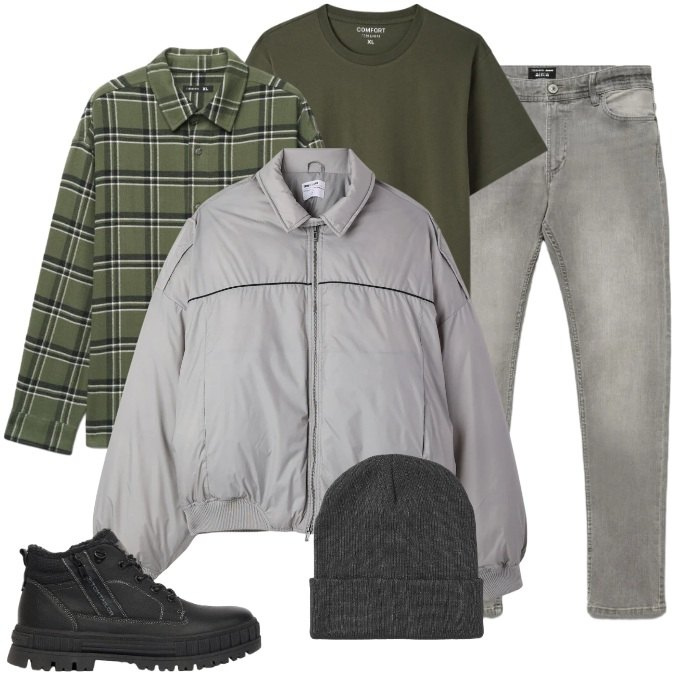 Outfit uomo - Total look #2477834. Stile Urban per Tutti i giorni. Abbinamento con berretti, bomber, jeans skinny, camicie, t-shirt, stivali e stivaletti.