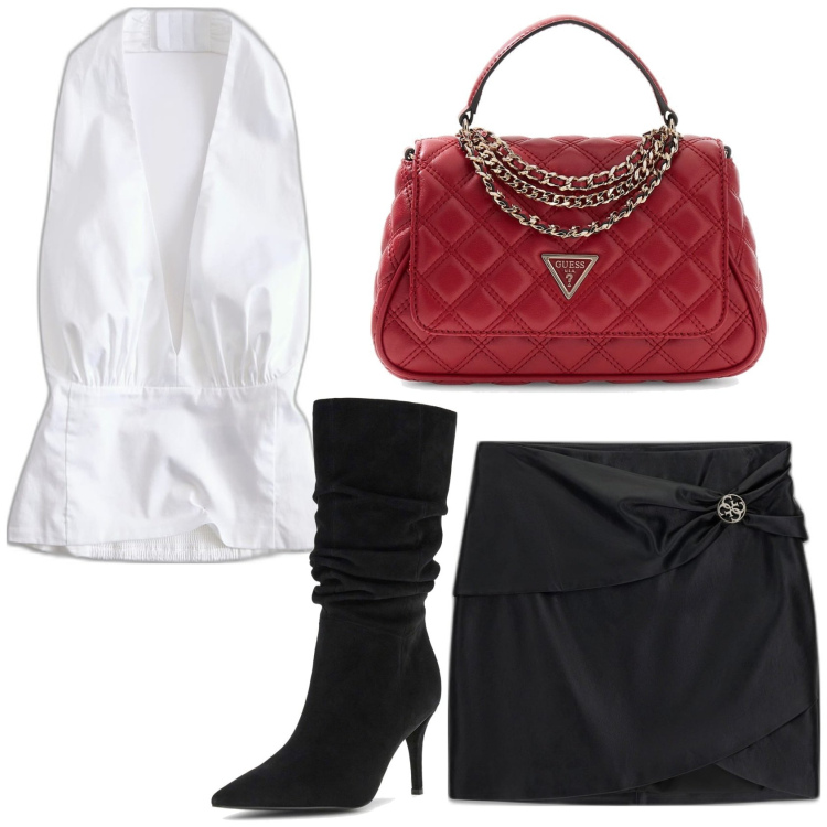Outfit mujer - Sexy look. Estilo Sexy para Noche/Fiesta elegante. Combinación con top, botas, bolsos de mano, minifaldas.