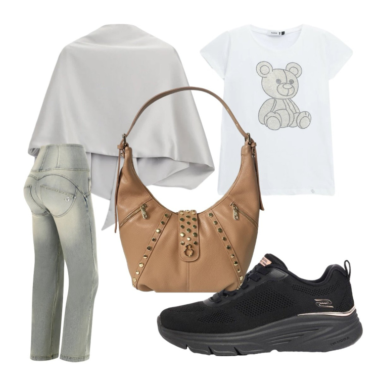 Outfit donna - Scialle e scialla. Stile Sporty chic per Tutti i giorni. Abbinamento con sneakers, jeans, scialli, t-shirt, borse a spalla.