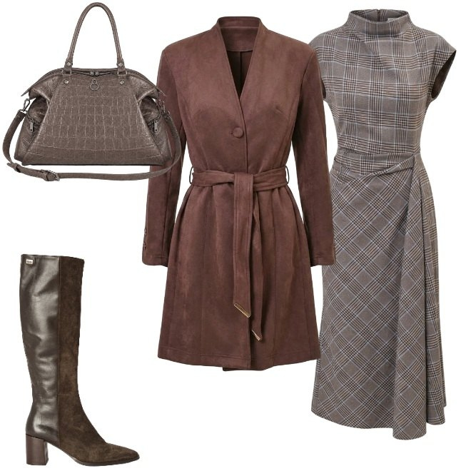 Outfit donna - Abito drappeggiato. Stile Glamour per Tutti i giorni. Abbinamento con stivali, trench, vestiti asimmetrici, shopping bag.