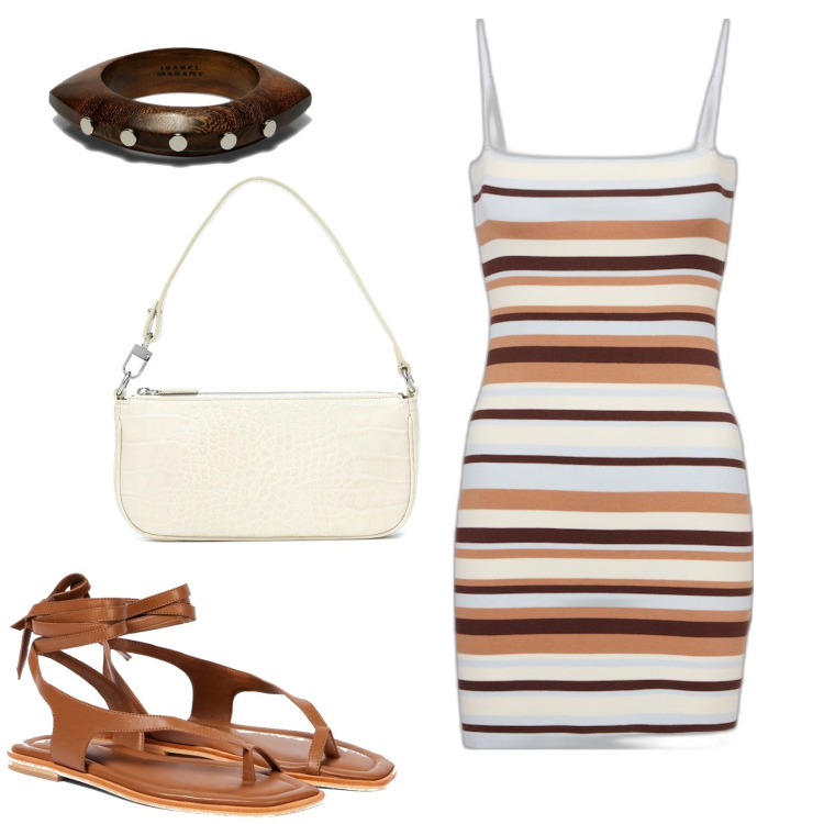 Outfit femme - Mini robe. Style Casual chic pour Soirée dehors. Assortir avec sacs en bandoulière, robes, sandales en cuir, bracelets.