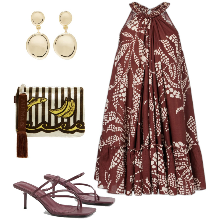 Outfit femme - Bohème Chic. Style Boho pour Soirée dehors. Assortir avec robes, pantoufles, pochette, boucles d'oreilles.
