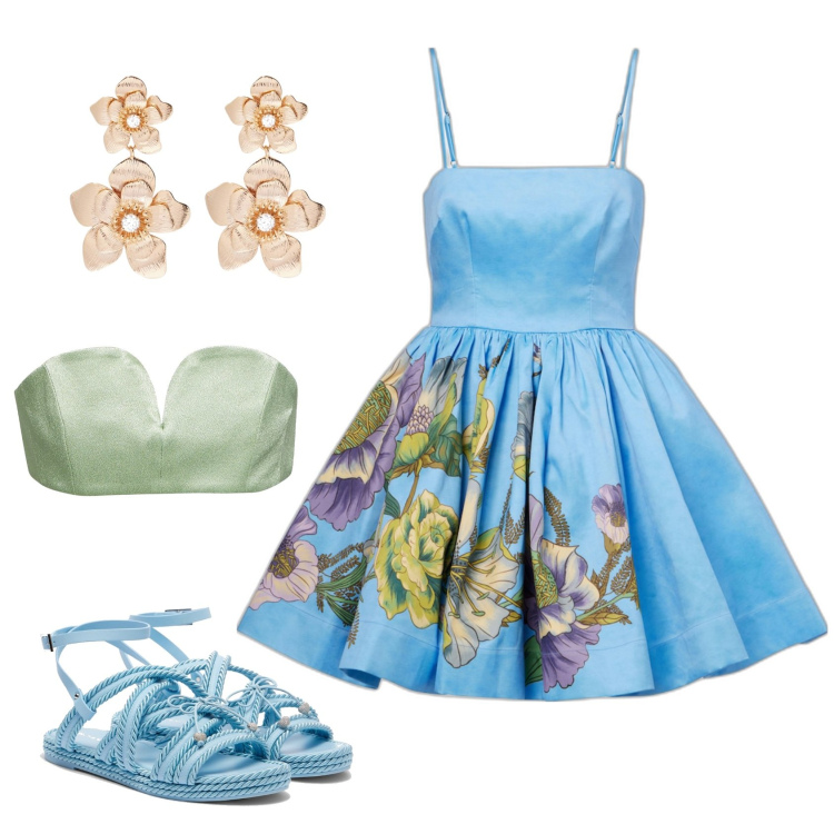 Outfit femme - Fleur bleue. Style Romantique pour Soirée dehors. Assortir avec boucles d'oreilles, robes, sandales en cuir, bralette.