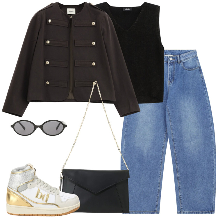 Outfit donna - Eleonora. Stile Casual per Scuola/Università. Abbinamento con occhiali da sole, borse a tracolla, jeans, sneakers alte, top, blazer.