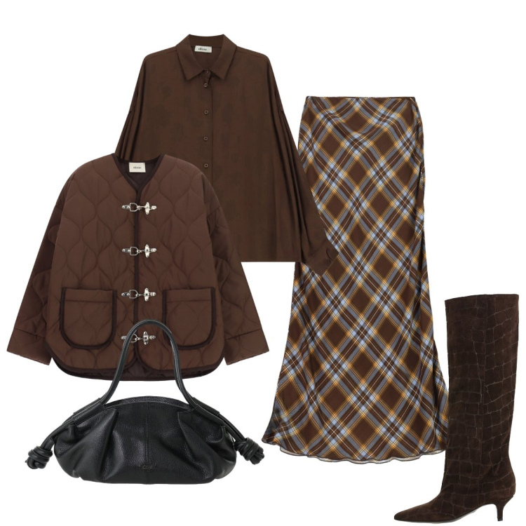 Outfit donna - British cozy glam. Stile Preppy per Tutti i giorni. Abbinamento con stivali, giacche, borse a mano, gonne lunghe, camicie.
