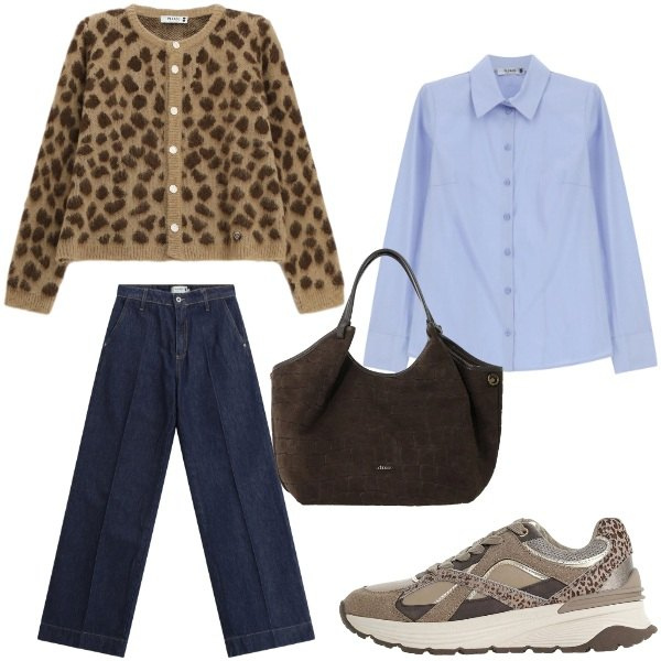 Outfit donna - Cardigan animalier. Stile Sporty chic per Ufficio. Abbinamento con sneakers, cardigans, camicie, jeans dritti, borse a spalla.
