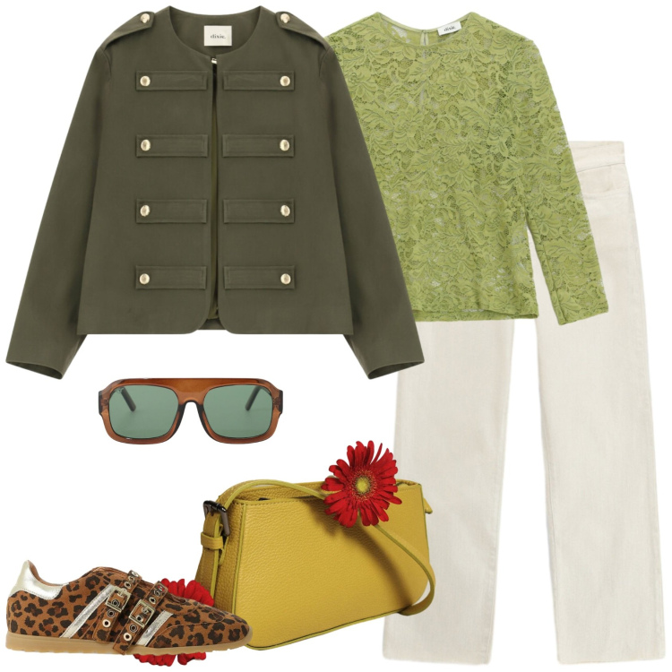 Outfit donna - Napoleone. Stile Casual per Scuola/Università. Abbinamento con blazer, sneakers, borse a spalla, occhiali da sole, bluse, pantaloni.