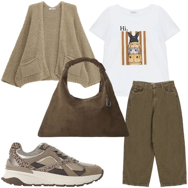 Outfit donna - Sporty chic in autunno. Stile Sporty chic per Tutti i giorni. Abbinamento con sneakers, borse a spalla, t-shirt, cardigans, jeans.