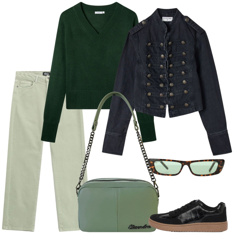 Outfit donna - In verde. Stile Casual per Scuola/Università. Abbinamento con sneakers, maglieria, blazer, occhiali da sole, jeans dritti, borse a tracolla.