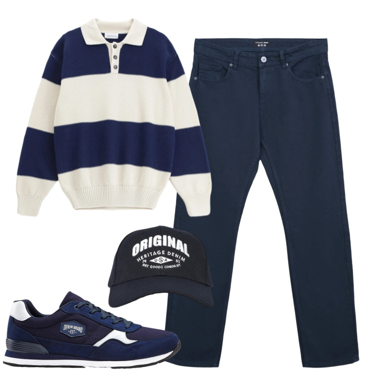 Outfit uomo - City. Stile Casual per Tutti i giorni. Abbinamento con maglieria, jeans dritti, cappelli con visiera, sneakers.