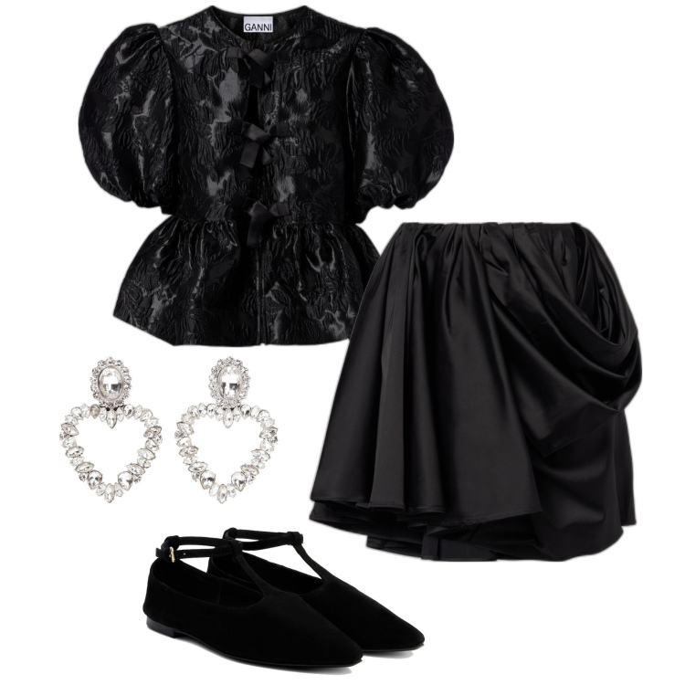 Outfit femme - Ganni. Style Romantique pour Soirée dehors. Assortir avec tuniques, minijupes, boucles d'oreilles, ballerines.