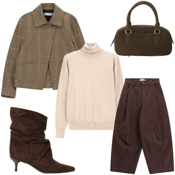 Outfit donna - Urban trendy. Stile Urban per Tutti i giorni. Abbinamento con stivali, borse a mano, cappotti, pullovers, pantaloni.