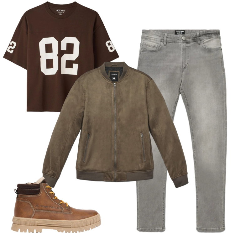 Outfit uomo - Settembre. Stile Casual per Tutti i giorni. Abbinamento con giacche, t-shirt, jeans skinny, stivali e stivaletti.