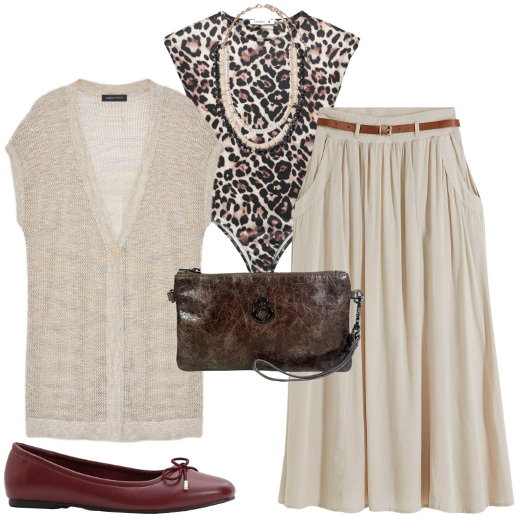 Outfit donna - Gonna midi. Stile Casual chic per Tutti i giorni. Abbinamento con ballerine, gonne lunghe, top, maglieria, collane, pochette.