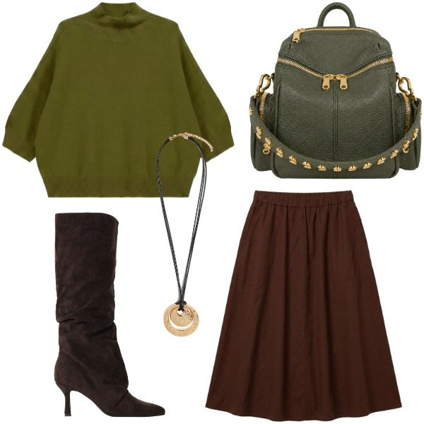 Outfit donna - Colori del bosco. Stile Casual chic per Tutti i giorni. Abbinamento con gonne longuette, maglieria, stivali, ciondoli, zaini.