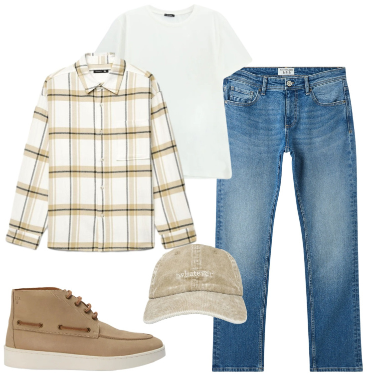 Outfit uomo - Fall. Stile Casual per Tutti i giorni. Abbinamento con stivali e stivaletti, t-shirt, jeans, cappelli con visiera, camicie.