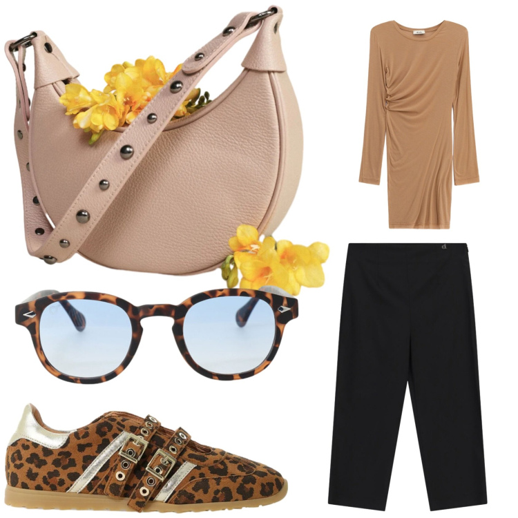 Outfit donna - Nero e marrone in Dixie. Stile Casual per Tutti i giorni. Abbinamento con sneakers, borse a spalla, occhiali da sole, pantaloni capri, t-shirt.