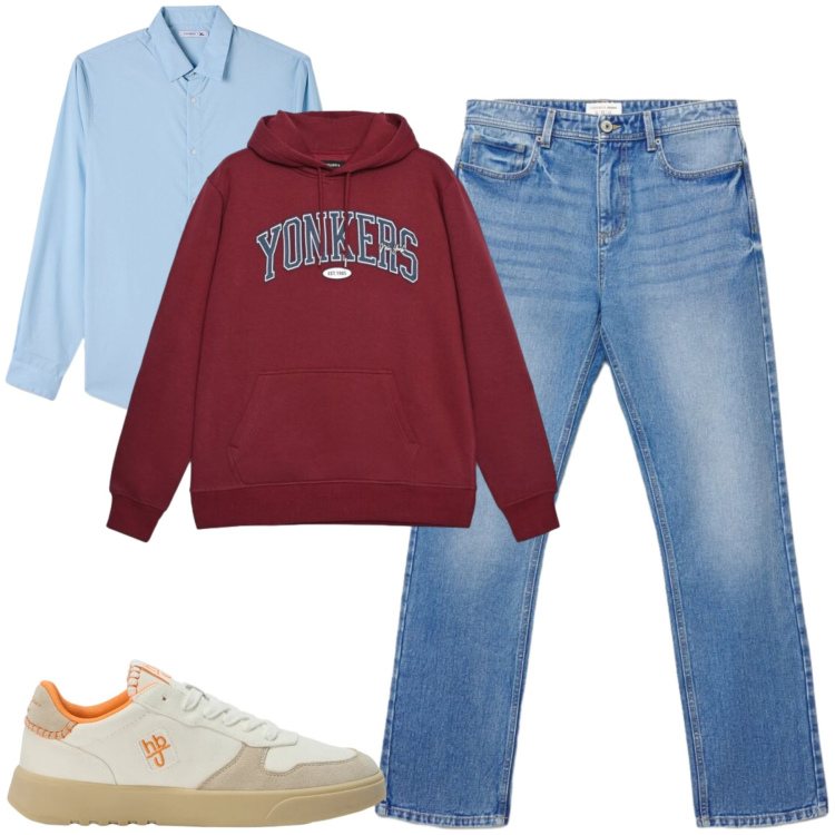 Outfit uomo - City. Stile Casual per Tutti i giorni. Abbinamento con sneakers, jeans dritti, felpe con cappuccio, camicie.