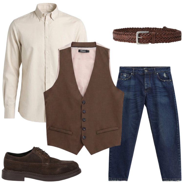 Outfit uomo - Total look #2477899. Stile Casual per Ufficio. Abbinamento con camicie, gilet, jeans, cinture, scarpe stringate.