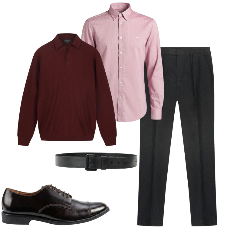 Outfit uomo - Smart casual. Stile Business/Elegante per Tutti i giorni. Abbinamento con cinture, camicie, pantaloni, maglieria, scarpe stringate.