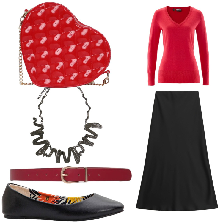 Outfit donna - Rosso e nero. Stile Bon Ton per Tutti i giorni. Abbinamento con ballerine, maglieria, borse a tracolla, cinture, gonne lunghe, collane.