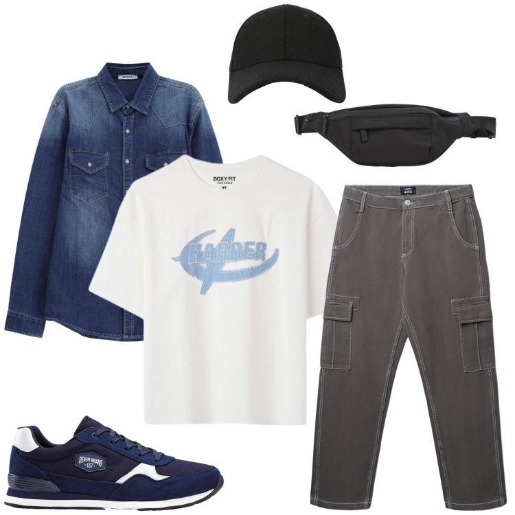 Outfit uomo - Total look #2477909. Stile Casual per Tutti i giorni. Abbinamento con camicie, pantaloni cargo, borse sportive, t-shirt, cappelli con visiera, sneakers.