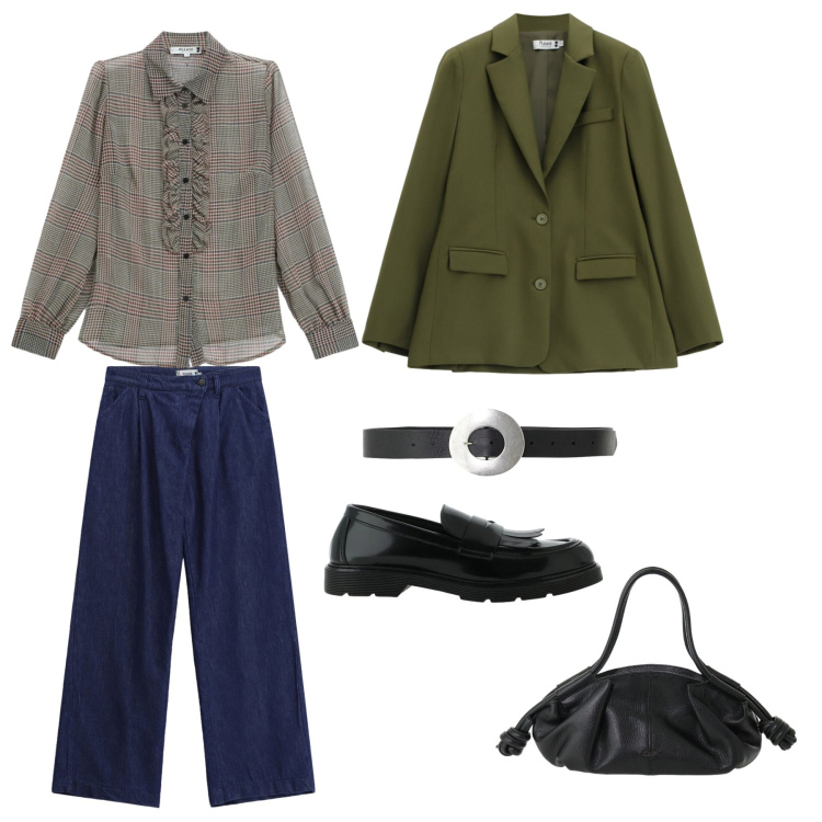 Outfit donna - Autumn. per Tutti i giorni. Abbinamento con mocassini, borse a mano, cinture, camicie, blazer, jeans.