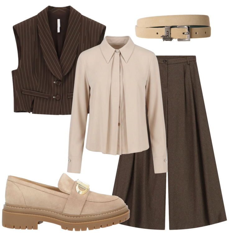 Outfit donna - Total look #2477912. Stile Mannish per Ufficio. Abbinamento con mocassini, cinture, gilet, pantaloni a palazzo, camicie.