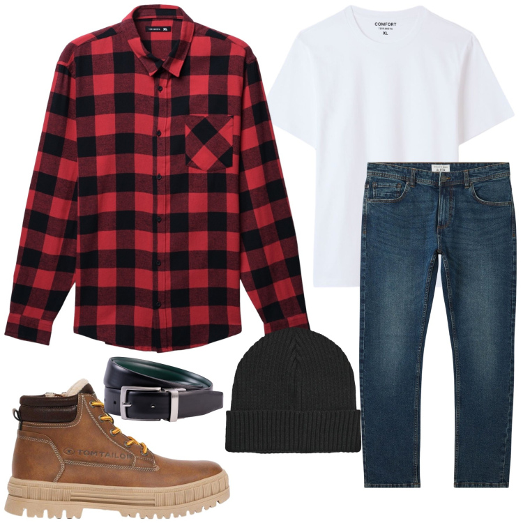 Outfit uomo - Total look #2477915. Stile Casual per Tutti i giorni. Abbinamento con cinture, jeans, camicie, berretti, t-shirt, stivali e stivaletti.