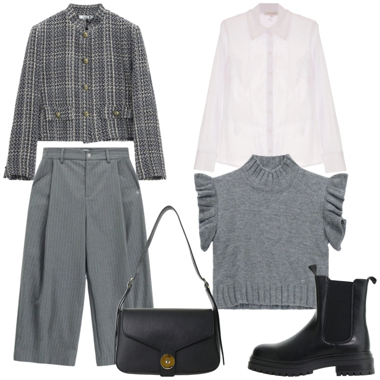 Outfit donna - Please. Stile Casual chic per Tutti i giorni. Abbinamento con stivaletti chelsea, borse a spalla, camicie, cappotti, maglieria, pantaloni a palazzo.