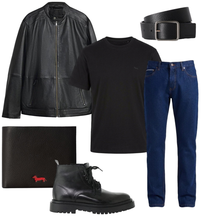 Outfit uomo - Total look #2477925. Stile Casual per Tutti i giorni. Abbinamento con t-shirt, cinture, portafogli, jeans, anfibi, giacche.