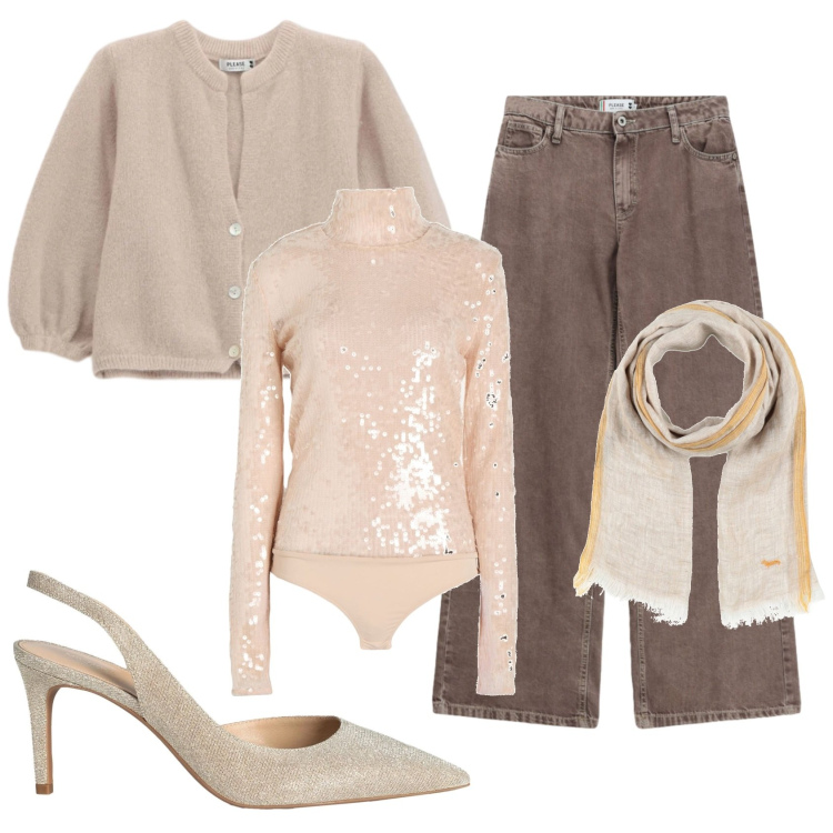 Outfit donna - Total look #2477927. Stile Casual chic per Serata fuori. Abbinamento con body, décolleté, sciarpe, jeans dritti, cardigans.