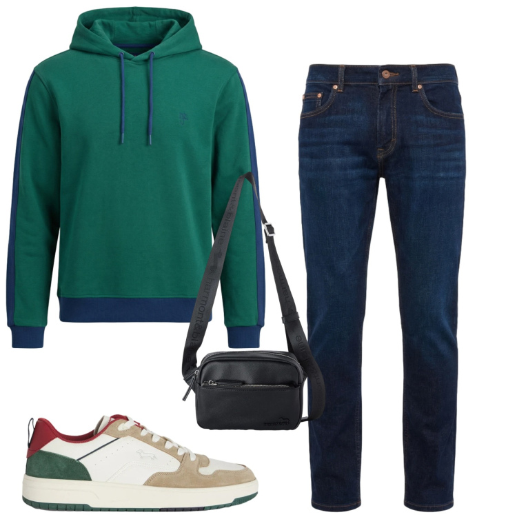 Outfit uomo - Settimana. Stile Casual per Tutti i giorni. Abbinamento con borse sportive, sneakers, jeans, felpe con cappuccio.