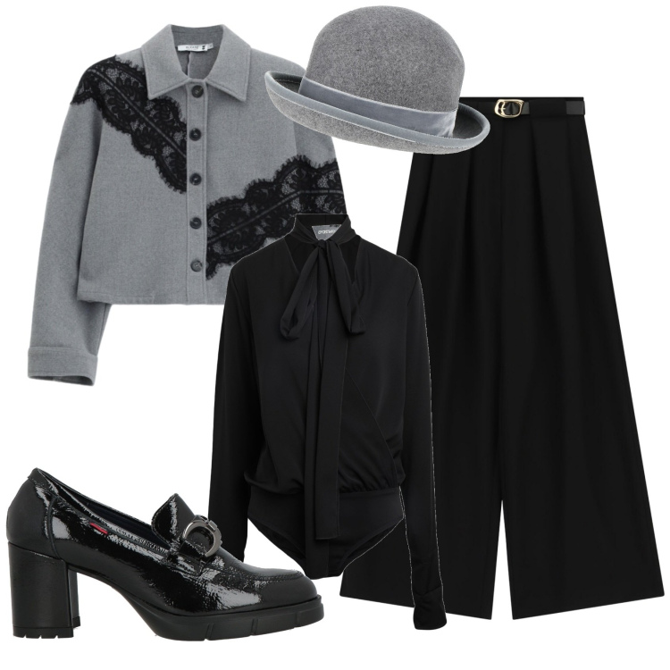 Outfit donna - Total look #2477929. Stile Mannish per Serata fuori. Abbinamento con body, cappelli, mocassini, pantaloni a palazzo, cappotti.