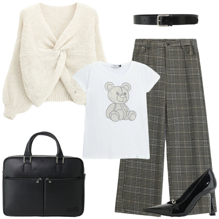 Outfit donna - Please. Stile Glamour per Ufficio. Abbinamento con décolleté, borse messenger, cinture, pantaloni, maglieria, t-shirt.