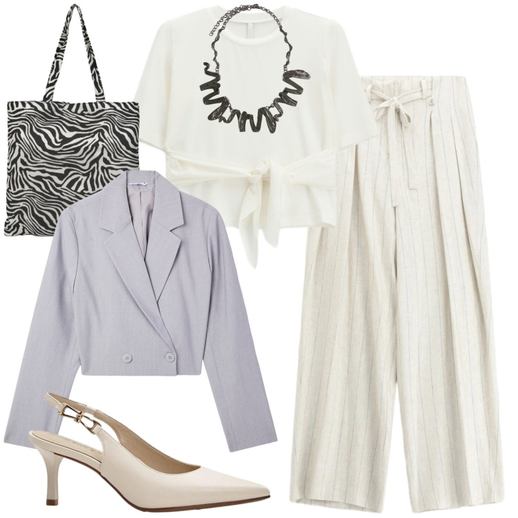 Outfit donna - Spezzato. Stile Casual chic per Tutti i giorni. Abbinamento con décolleté, blazer, borse tote, t-shirt, pantaloni a palazzo, collane.