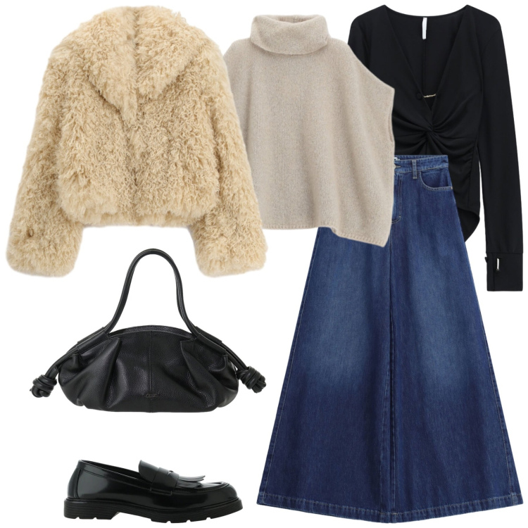 Outfit donna - Please. Stile Casual chic per Serata fuori. Abbinamento con body, mocassini, borse a mano, ecopellicce, jeans, maglieria.