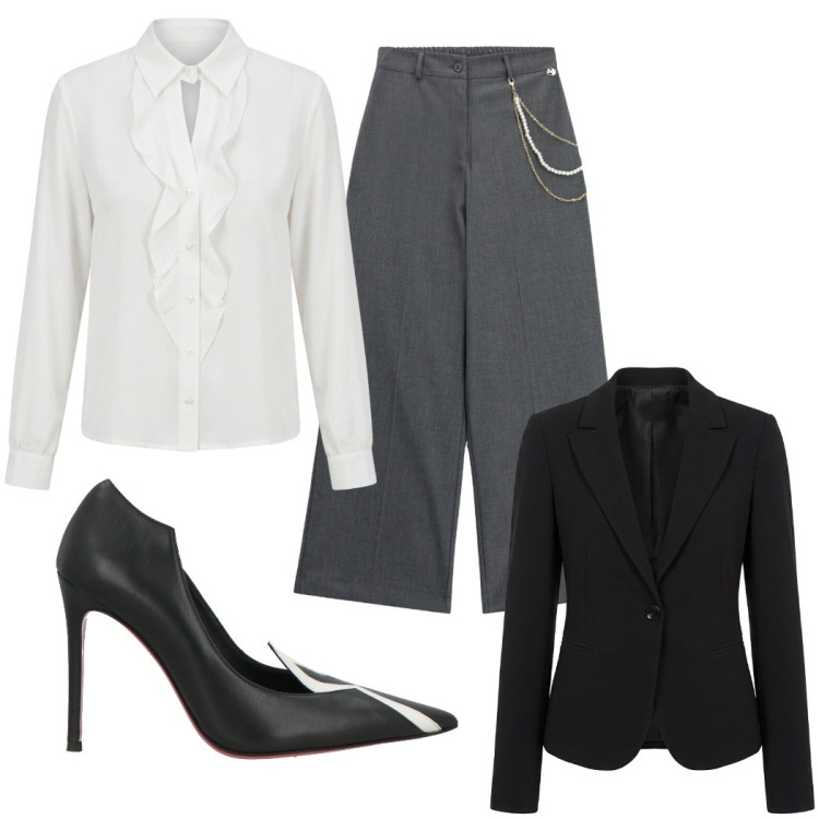 Outfit donna - Semplicemente Diva. Stile Glamour per Serata fuori. Abbinamento con décolleté, pantaloni a palazzo, blazer, camicie.