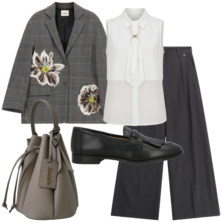 Outfit donna - Total look #2477940. Stile Mannish per Ufficio. Abbinamento con mocassini, pantaloni a palazzo, blazer, camicie a manica corta, borse a secchiello.