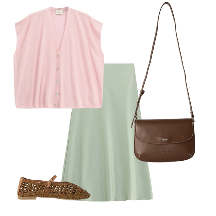 Outfit donna - Poesia in rosa e salvia. Stile Casual chic per Serata fuori. Abbinamento con borse a tracolla, gonne longuette, gilet, ballerine.