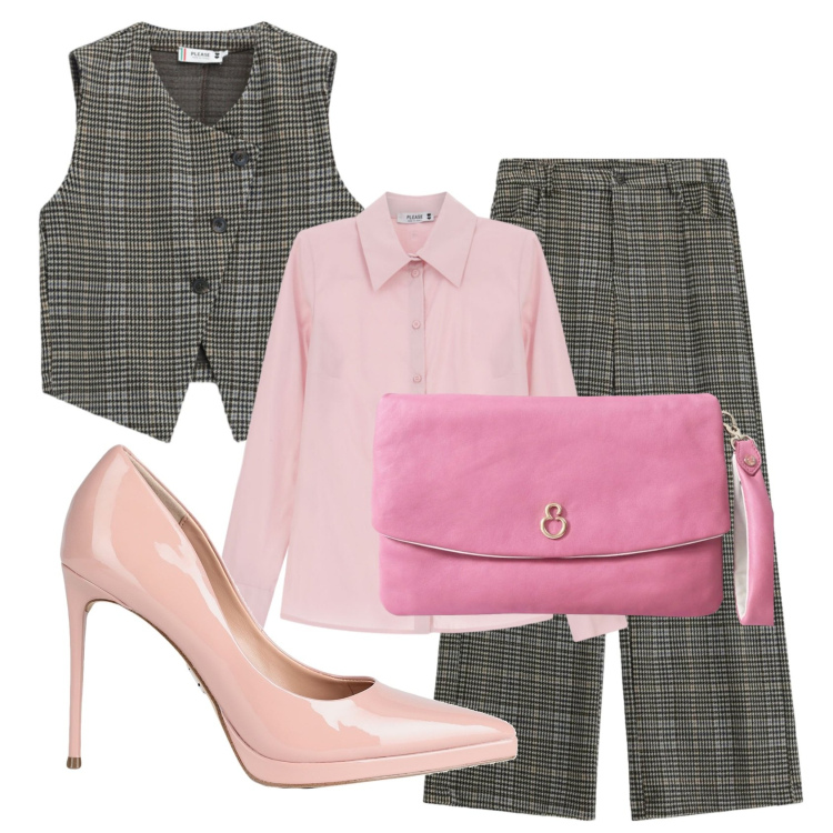 Outfit donna - Total look #2477945. Stile Preppy per Ufficio. Abbinamento con décolleté, camicie, gilet, pantaloni, pochette.
