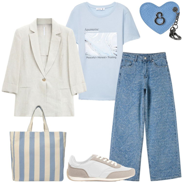 Outfit donna - Total look #2477949. Stile Urban per Tutti i giorni. Abbinamento con sneakers, shopping bag, t-shirt, jeans, blazer, portachiavi.