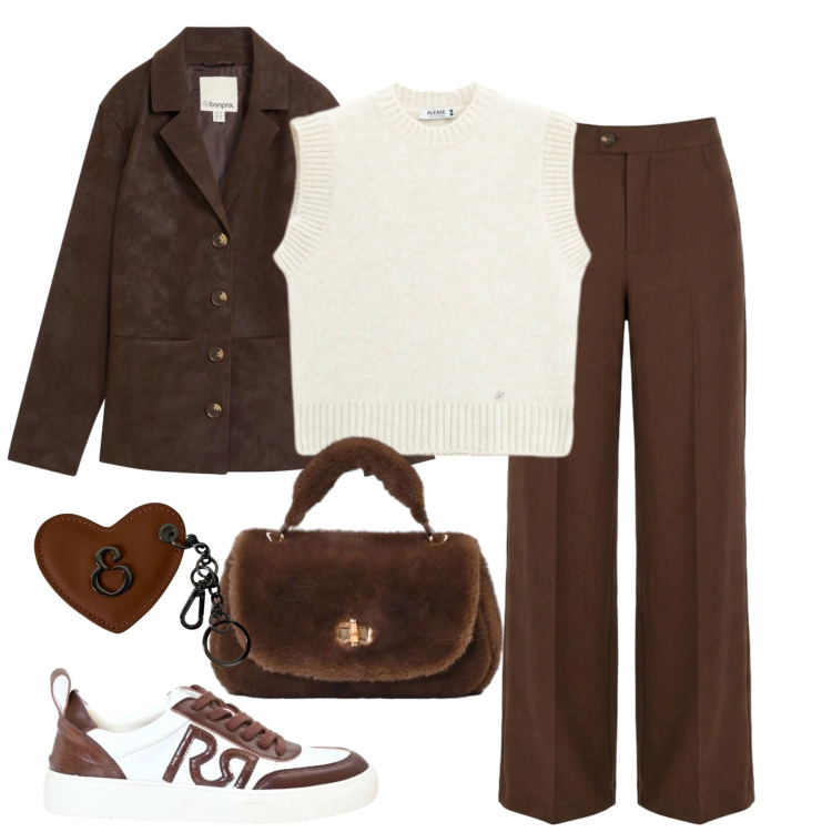 Outfit donna - City. Stile Urban per Tutti i giorni. Abbinamento con blazer, pantaloni a palazzo, borse a mano, sneakers, maglieria, portachiavi.