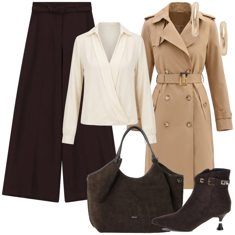 Outfit donna - L\'impermeabile per le giornate uggiose. Stile Bon Ton per Ufficio. Abbinamento con pantaloni a palazzo, borse a spalla, trench, bluse, orecchini, stivaletti.